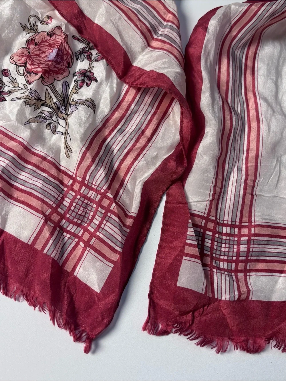 Oscar de la Renta Cream and Rose-Red Floral Stripe Scarf